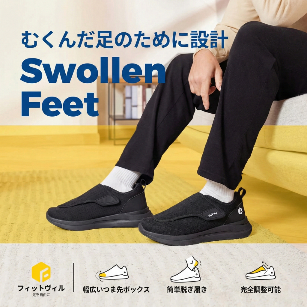 FitVille メンズ 超ワイド 糖尿病対応シューズ｜調整可能 オーソペディック靴｜高齢者向け 歩行サポート・足の痛み軽減