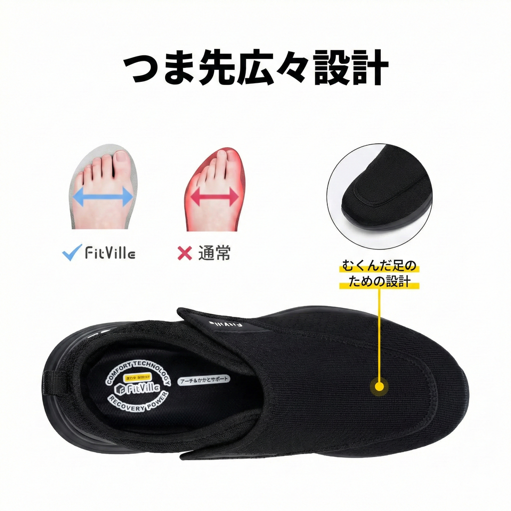 FitVille メンズ 超ワイド 糖尿病対応シューズ｜調整可能 オーソペディック靴｜高齢者向け 歩行サポート・足の痛み軽減