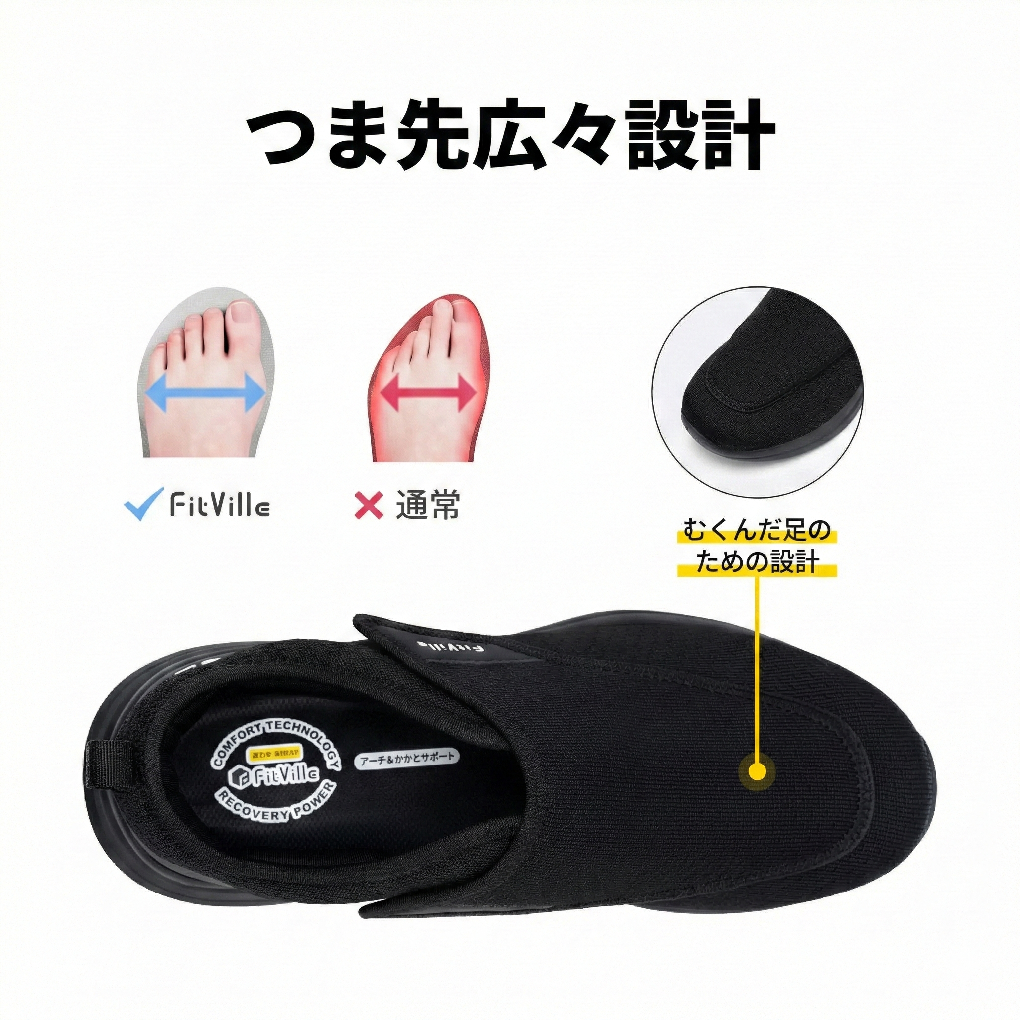 FitVille メンズ 糖尿病対応シューズ｜超ワイド・調整可能｜高齢者向けオーソペディック靴｜足の腫れ・痛み軽減