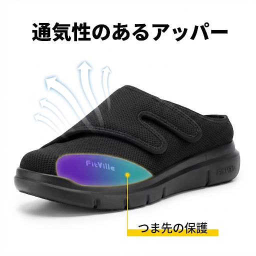 FitVille メンズ ハーフスリッパ 糖尿病対応シューズ｜超ワイド 軽量 調整可能｜むくみ足・足底筋膜炎サポート