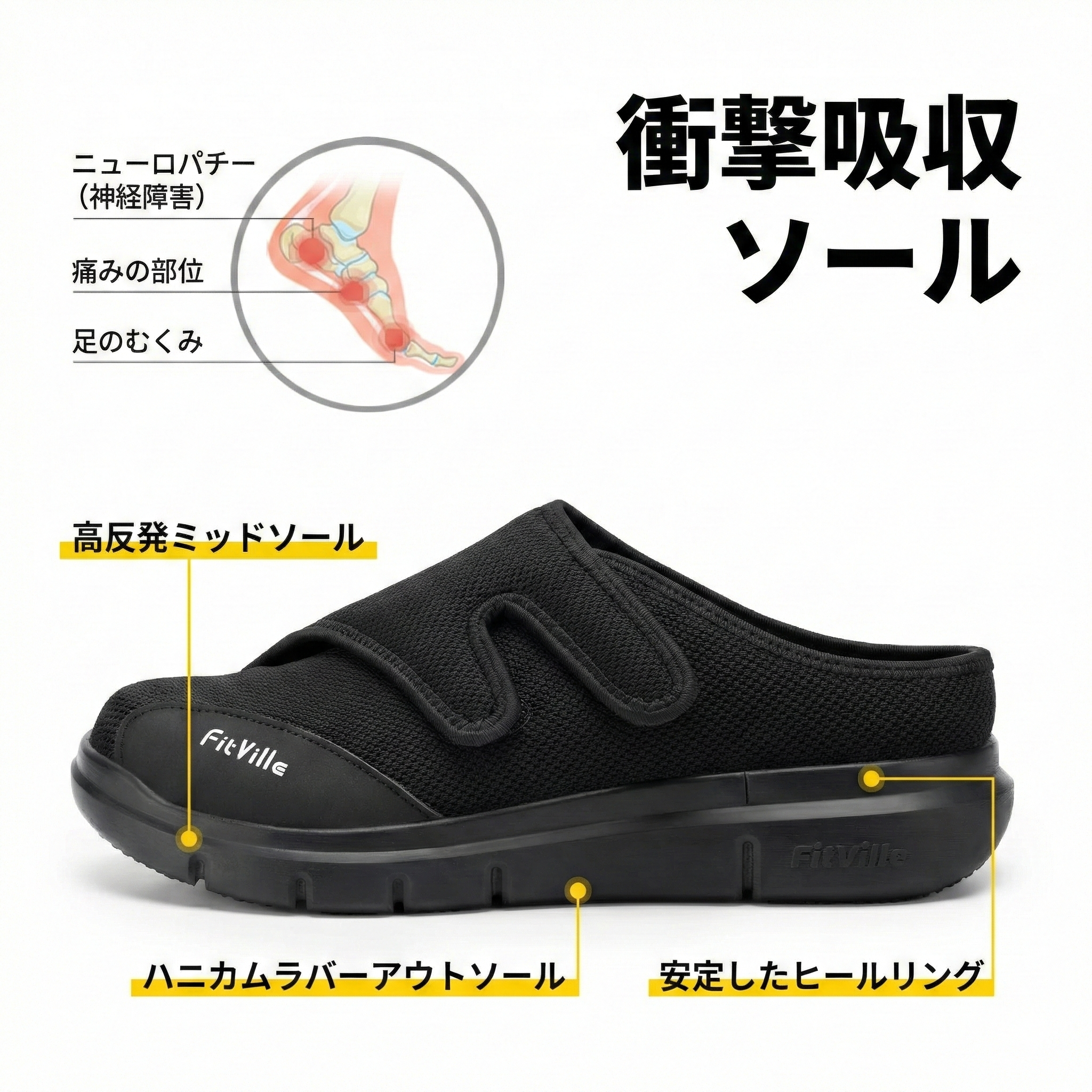 FitVille メンズ ハーフスリッパ 糖尿病対応シューズ｜超ワイド 軽量 調整可能｜むくみ足・足底筋膜炎サポート