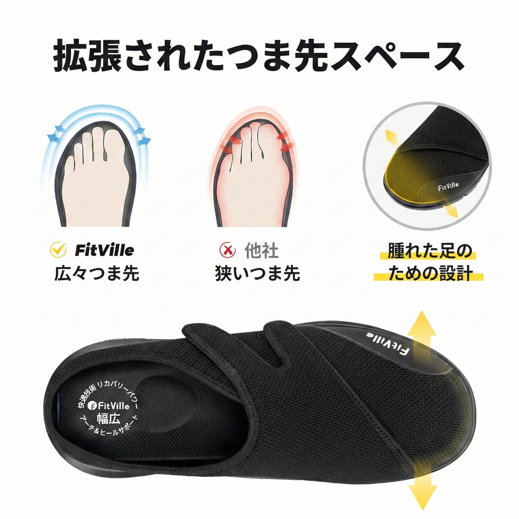 FitVille メンズ ハーフスリッパ 糖尿病対応シューズ｜超ワイド 軽量 調整可能｜むくみ足・足底筋膜炎サポート