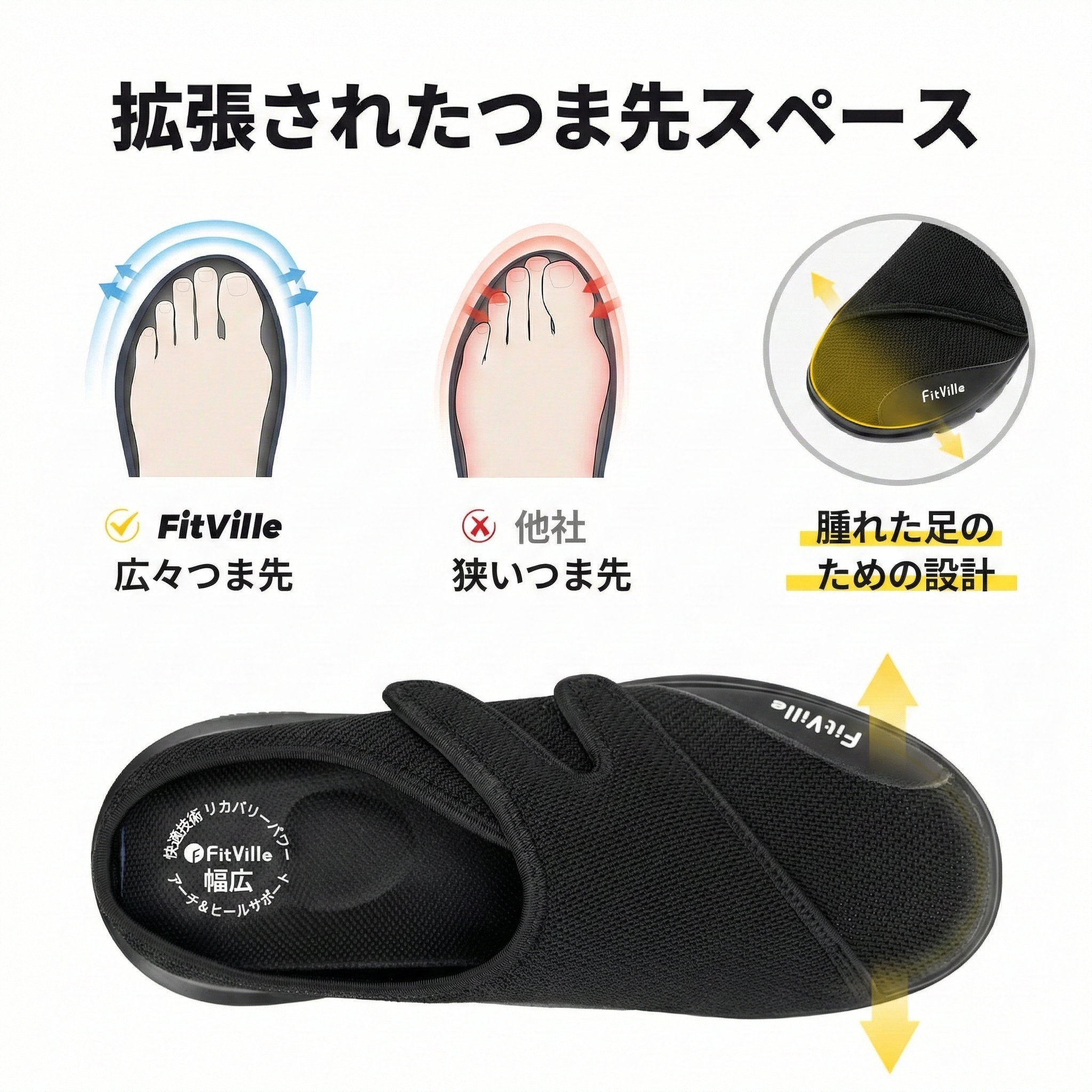 FitVille メンズ ハーフスリッパ 糖尿病対応シューズ｜超ワイド 軽量 調整可能｜むくみ足・足底筋膜炎サポート