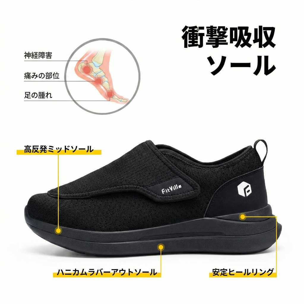 FitVille メンズ 超ワイド 糖尿病対応シューズ｜調整可能 オーソペディック靴｜高齢者向け 歩行サポート・足の痛み軽減