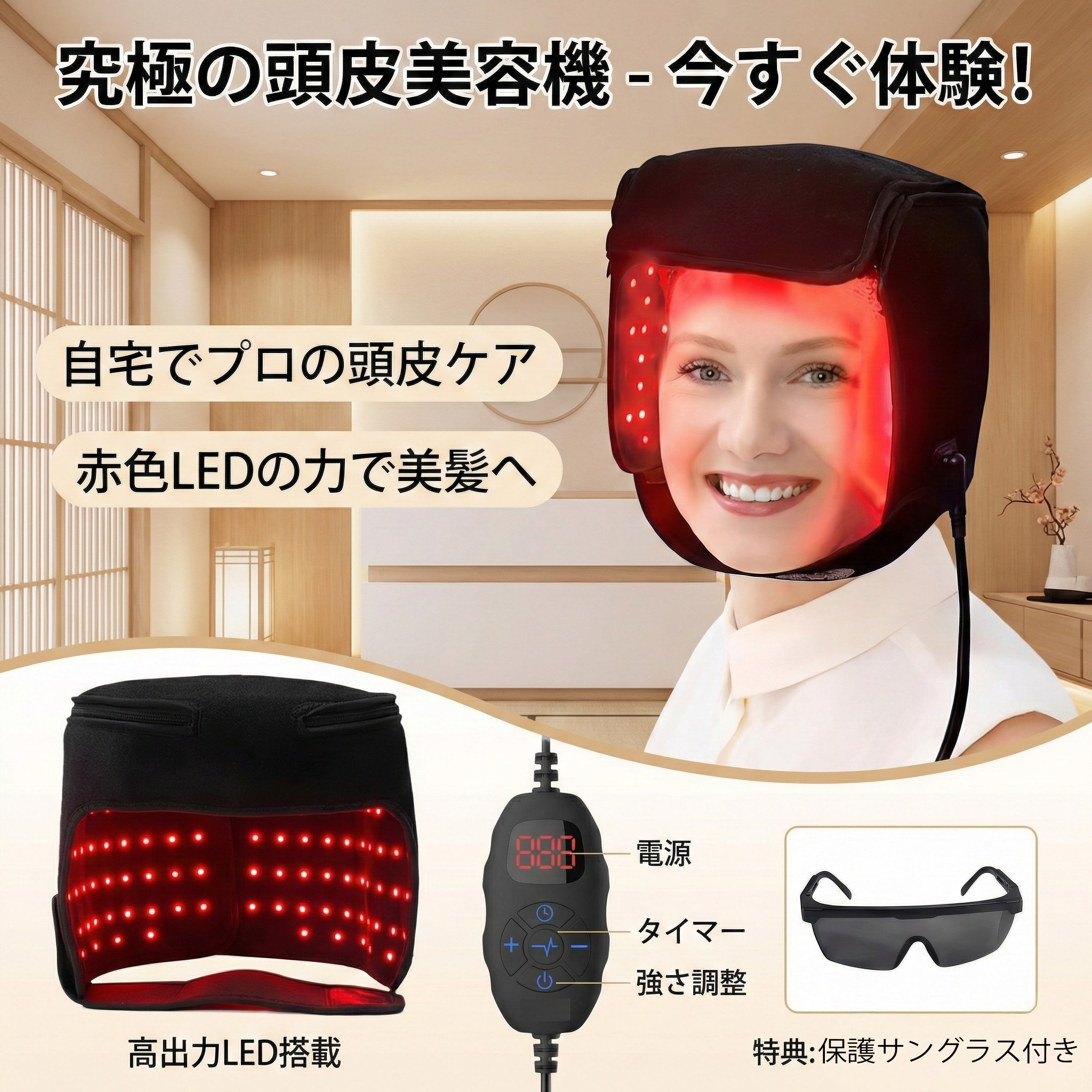 180LED 赤色＆近赤外線 光ヘアキャップ｜660nm＋850nm 髪ケアサポート キャップ型