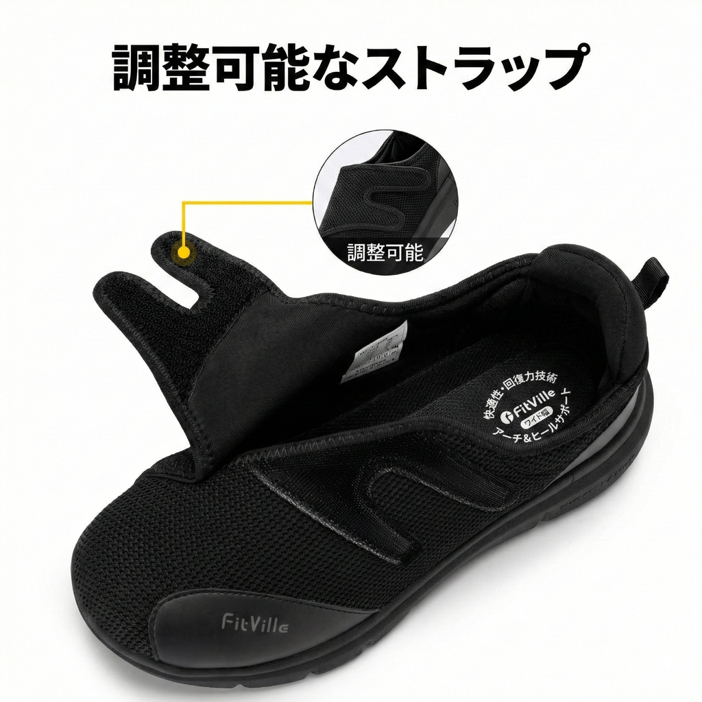 FitVille メンズ ハーフスリッパ 糖尿病対応シューズ｜超ワイド 軽量 調整可能｜むくみ足・足底筋膜炎サポート