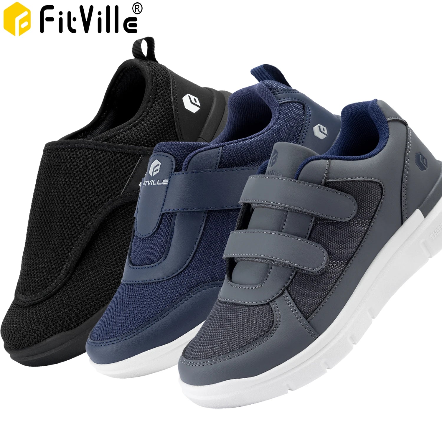 FitVille メンズ 糖尿病対応シューズ｜超ワイド・調整可能｜高齢者向けオーソペディック靴｜足の腫れ・痛み軽減