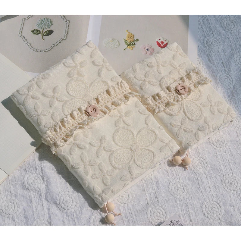 A5/A6 調節可能 布製ブックカバー｜クリーム×スイートアプリコット 刺繍 シンプル手帳カバー