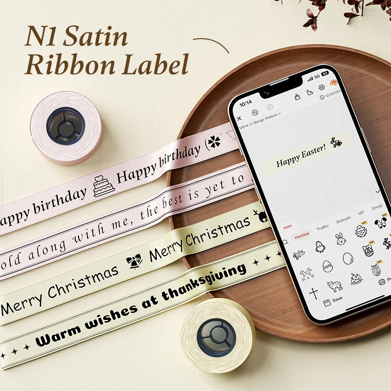 NIIMBOT N1 / B18対応 サテンリボンラベル＆専用カーボンリボン｜誕生日・結婚式・ギフト用 メッセージ印刷