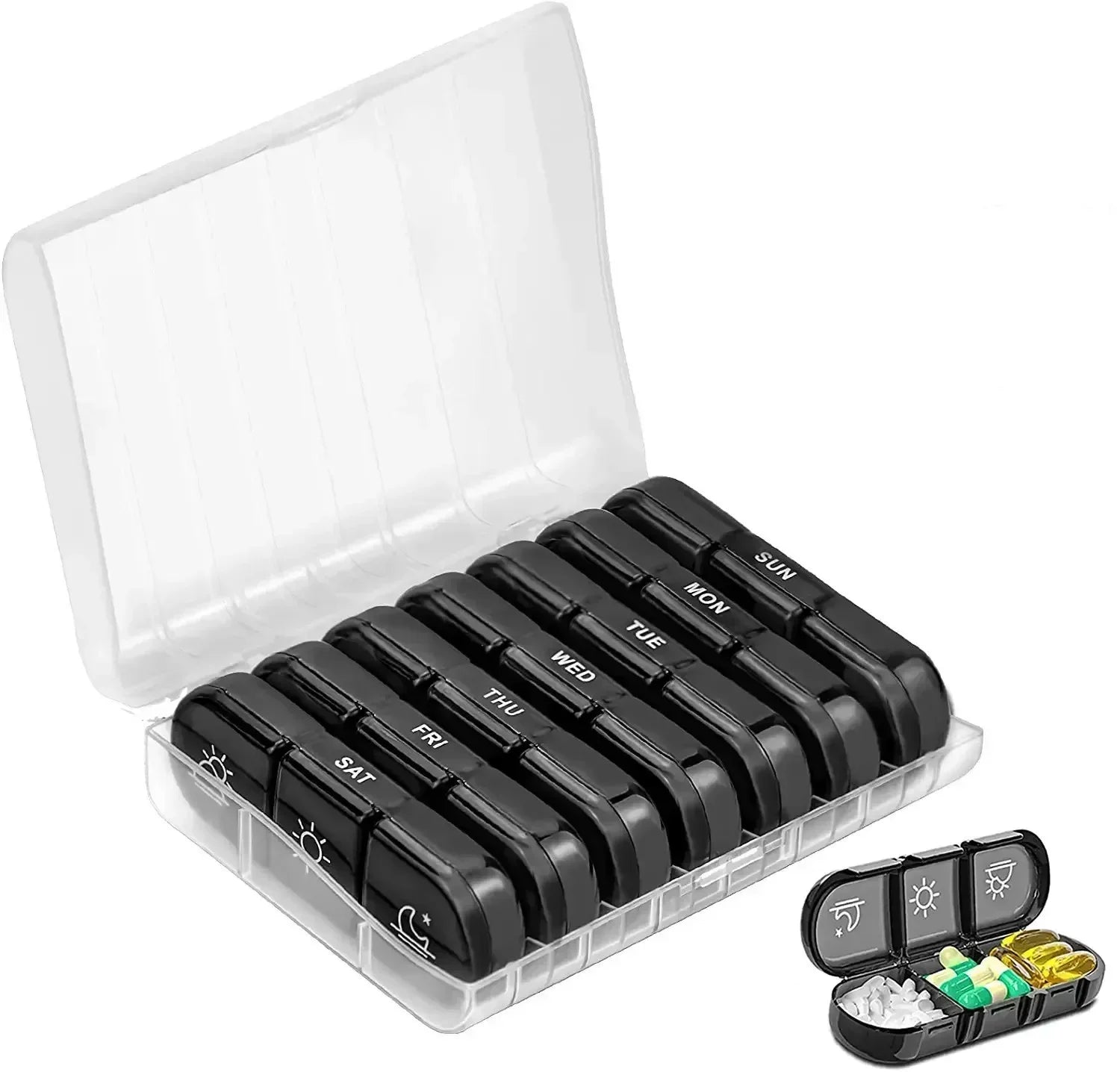 1PC 7日分ウィークリー ピルケース｜携帯用ピルボックス｜旅行・外出用サプリ・薬整理｜秘密コンパートメント付き
