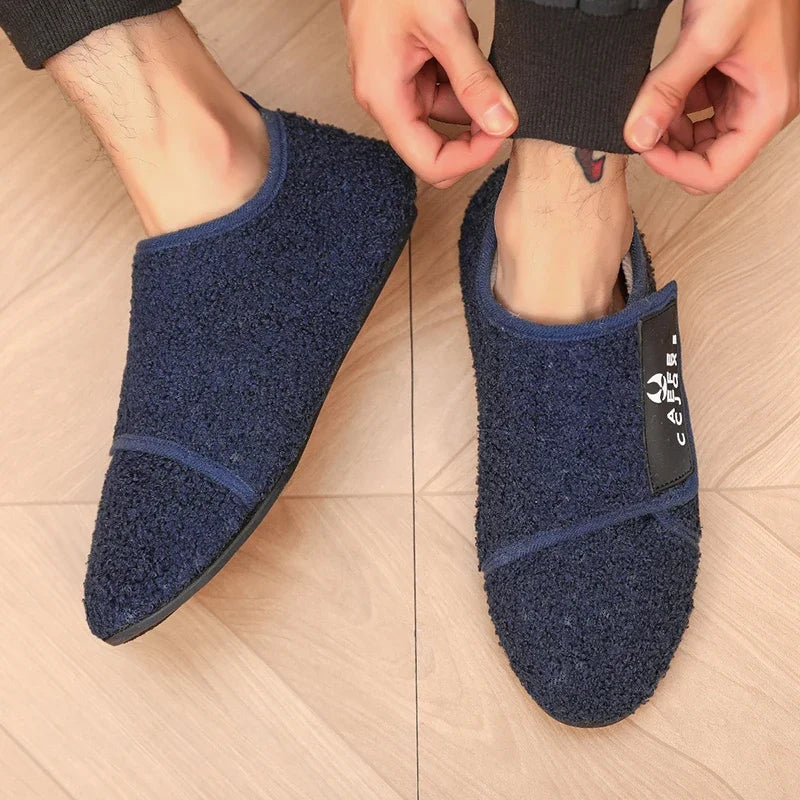 冬用メンズ室内スリッパ｜軽量暖かプラッシュローファー 快適コットンシューズ