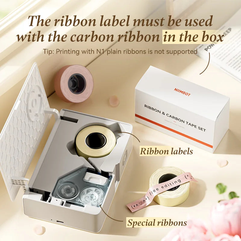 NIIMBOT N1 / B18対応 サテンリボンラベル＆専用カーボンリボン｜誕生日・結婚式・ギフト用 メッセージ印刷