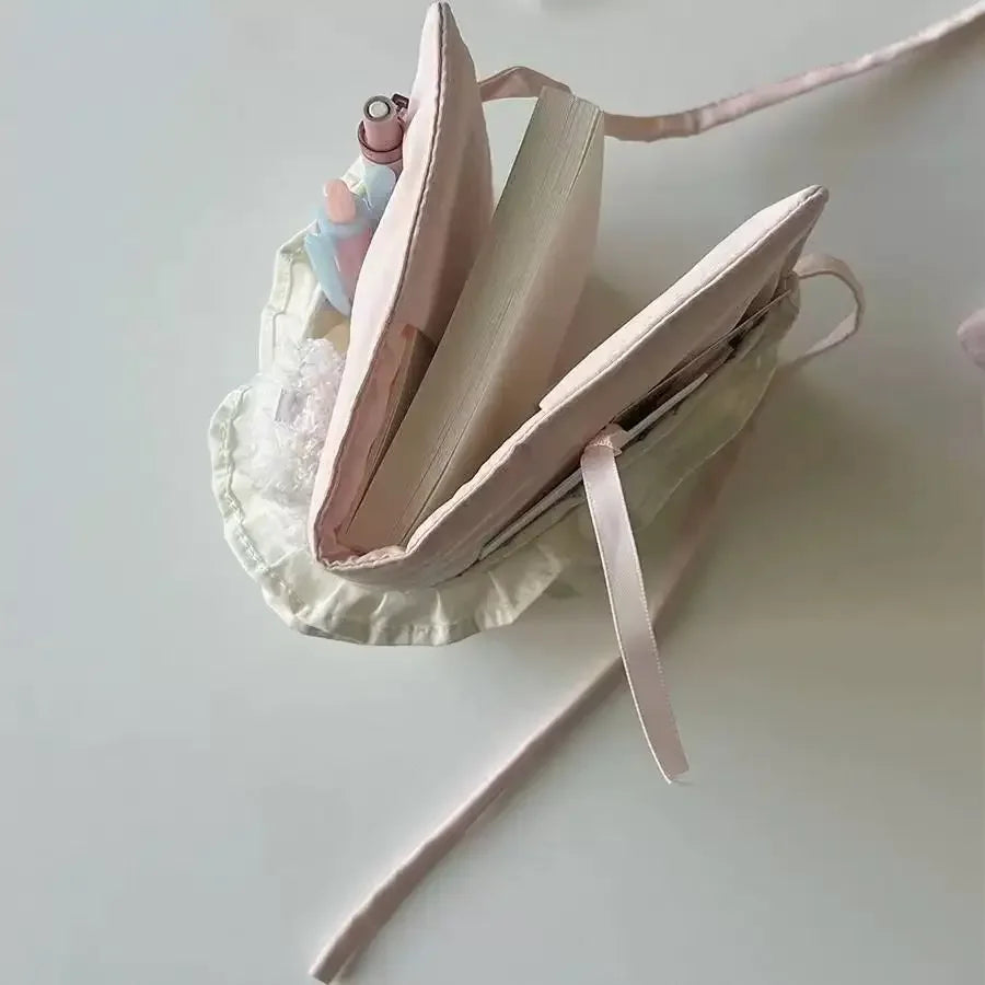 ピンク×ホワイト 布製 A6 リング手帳カバー｜コットン生地 ハンドメイド風 ガールズギフト