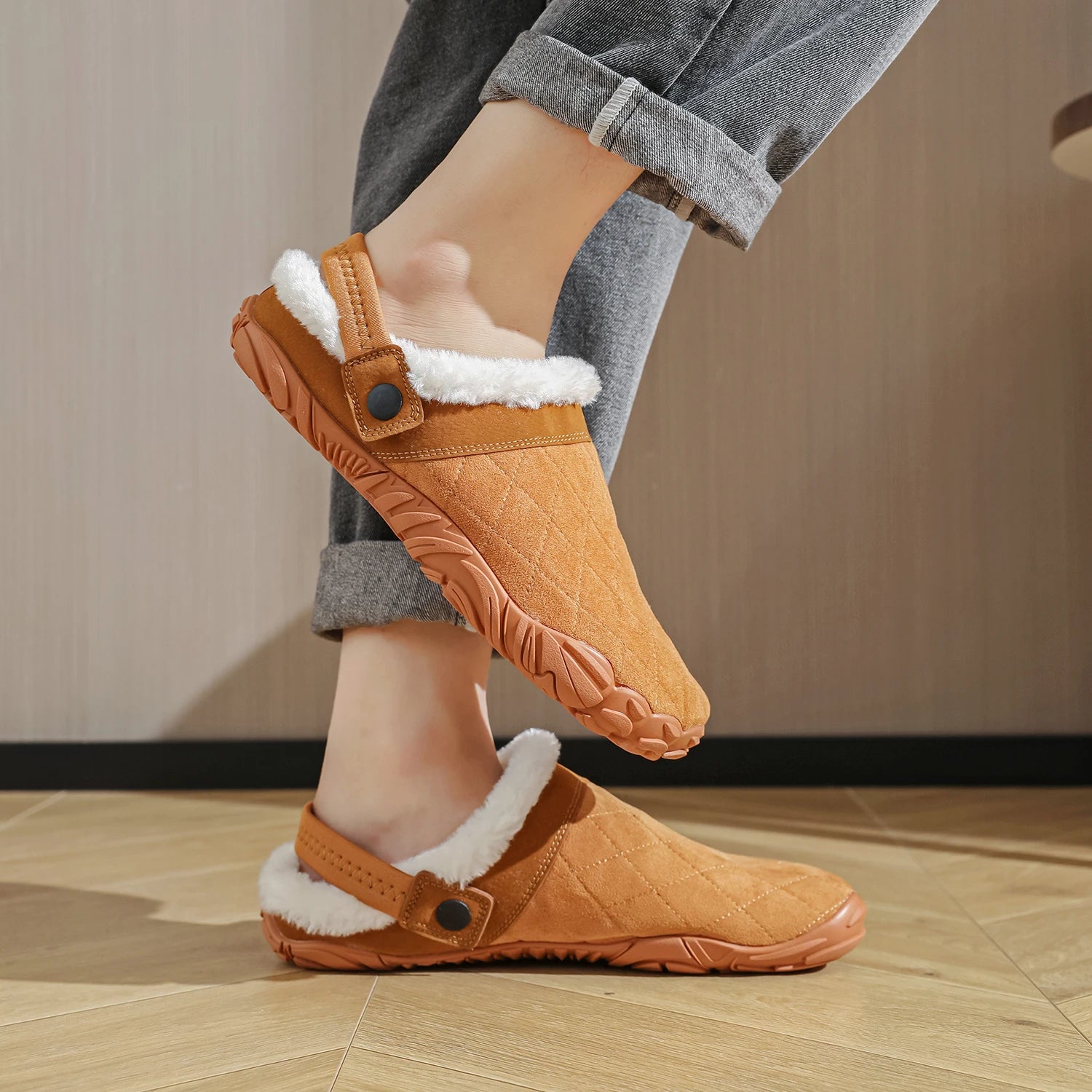 シャモアレザー風 冬用ルームスリッパ｜男女兼用・ワイドトゥ｜あったかコットン・軽量 室内履き