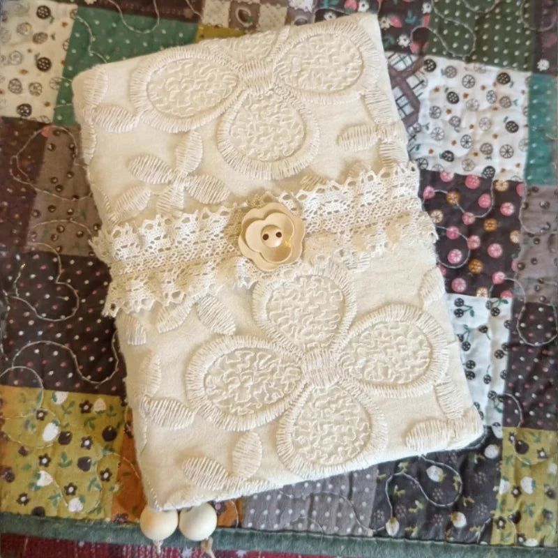 A5/A6 調節可能 布製ブックカバー｜クリーム×スイートアプリコット 刺繍 シンプル手帳カバー