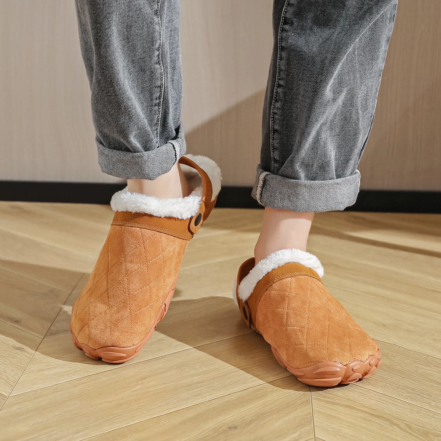 シャモアレザー風 冬用ルームスリッパ｜男女兼用・ワイドトゥ｜あったかコットン・軽量 室内履き