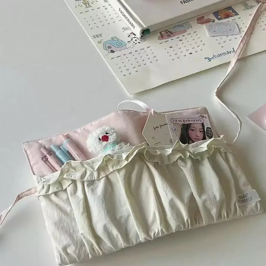 ピンク×ホワイト 布製 A6 リング手帳カバー｜コットン生地 ハンドメイド風 ガールズギフト
